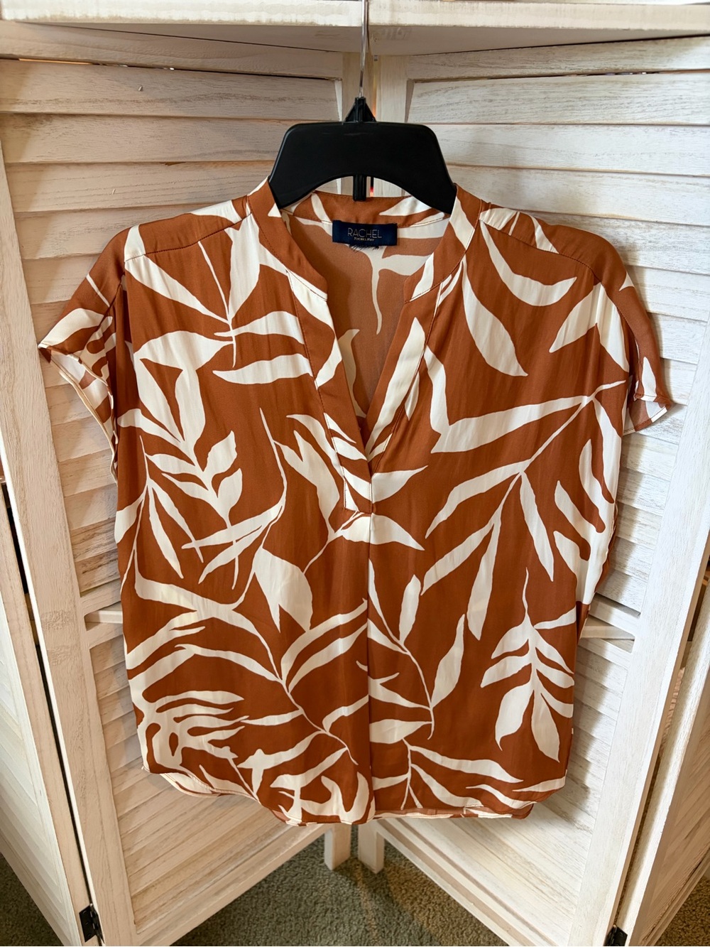 Rachel Roy Rust and Cream Leaf-Print V-Neck Blouse